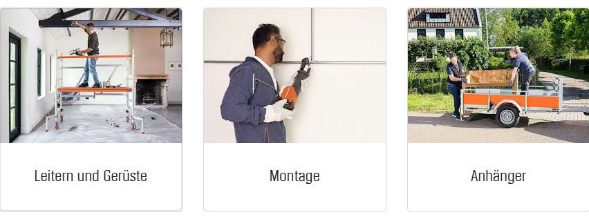 Drei Bilder zeigen verschiedene Bauszenarien: ein Arbeiter malt eine Wand, ein anderer repariert eine Wand und zwei Männer laden Möbel auf einen Anhänger.