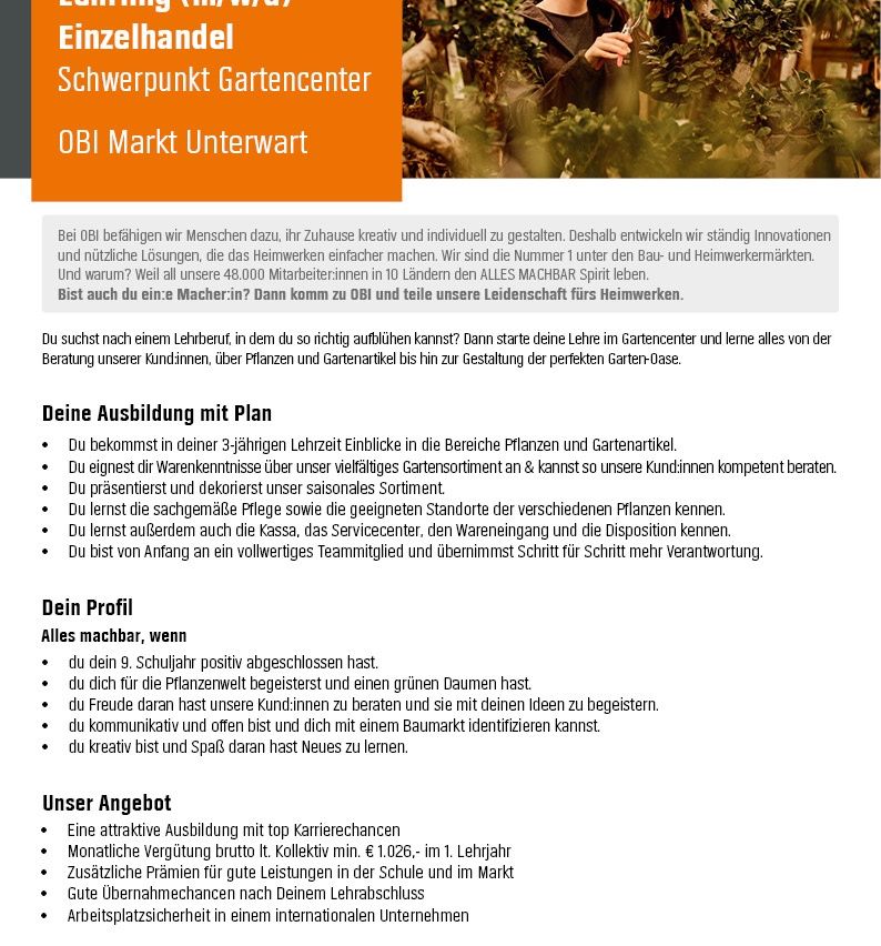 Das Bild ist eine Werbung für ein Ausbildungsprogramm in einem Gartencenter. Es hebt die Vorteile der Arbeit in einer kreativen Umgebung hervor und betont das Engagement des Unternehmens für Innovation und Kundenzufriedenheit. Das Programm umfasst praktische Schulungen, Kundenservice-Fähigkeiten und Aufstiegsmöglichkeiten.