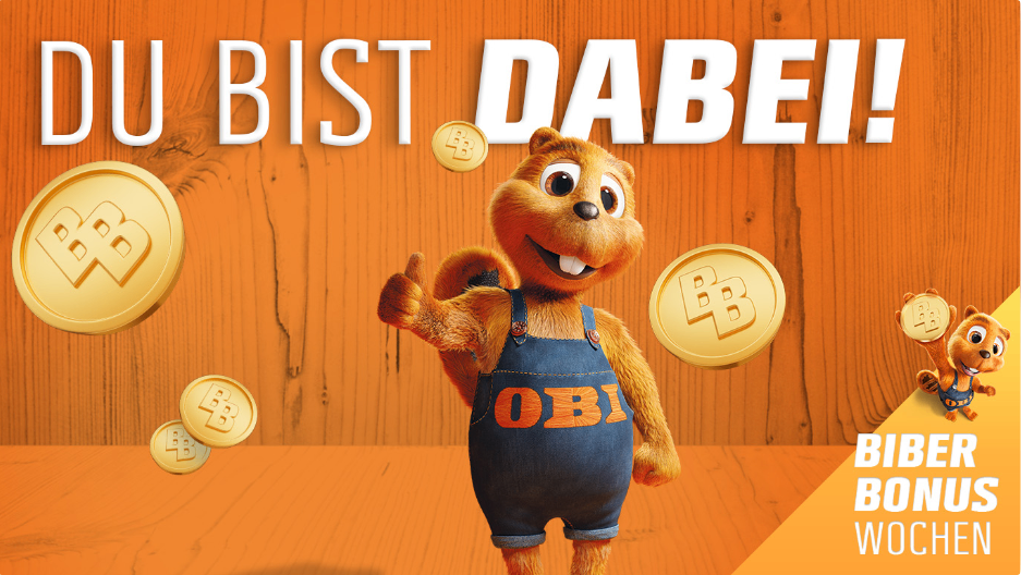 Animierte Figur in Overall mit der Aufschrift OBI, die Daumen hochhält. Goldene Münzen mit dem Buchstaben B schweben um sie herum. Die Worte U BIST DABEI! sind in weiß auf orangem Hintergrund geschrieben.