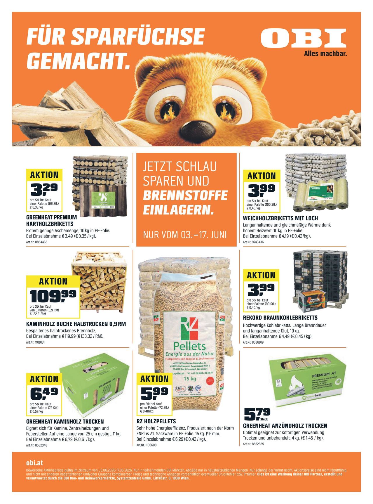 Werbeanzeige für verschiedene Heizmaterialien. Beinhaltet Holzscheite, Holzhackgut und Briketts. Preise und Einsparungen sind angegeben. Angebote gültig vom 3. bis 17. Juni.