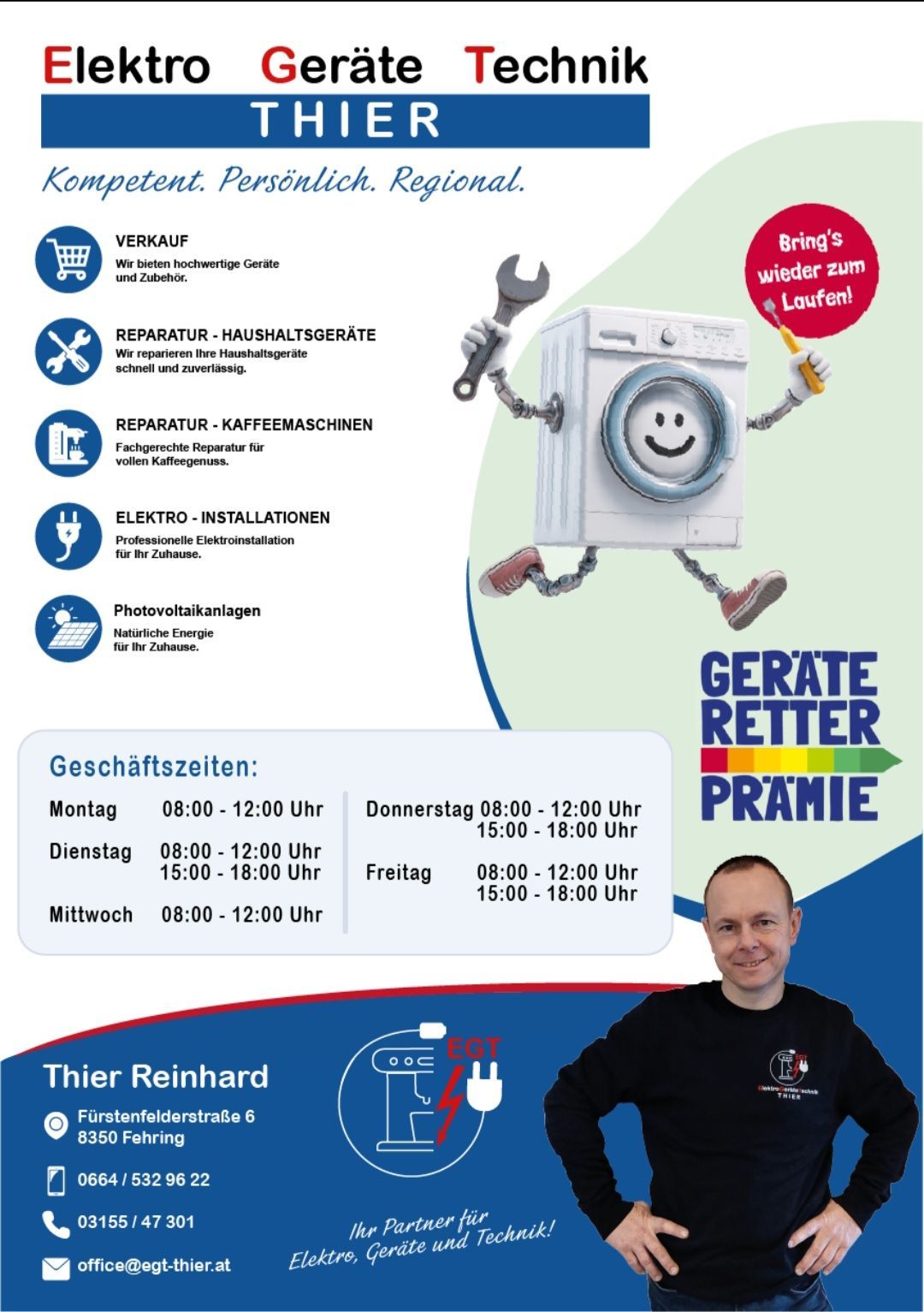 A poster advertising a service offering sales, repairs, and installations for household appliances, coffee machines, and electrical installations. The poster features a smiling robot holding a wrench and a washing machine, along with business hours and a contact person.