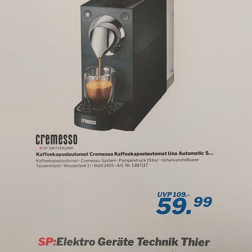 Advertisement for a Cremesso coffee capsule machine, showing it brewing a cup of coffee. Priced at 59.99, it features a pump pressure of 19 bar and a 1.1L water tank.