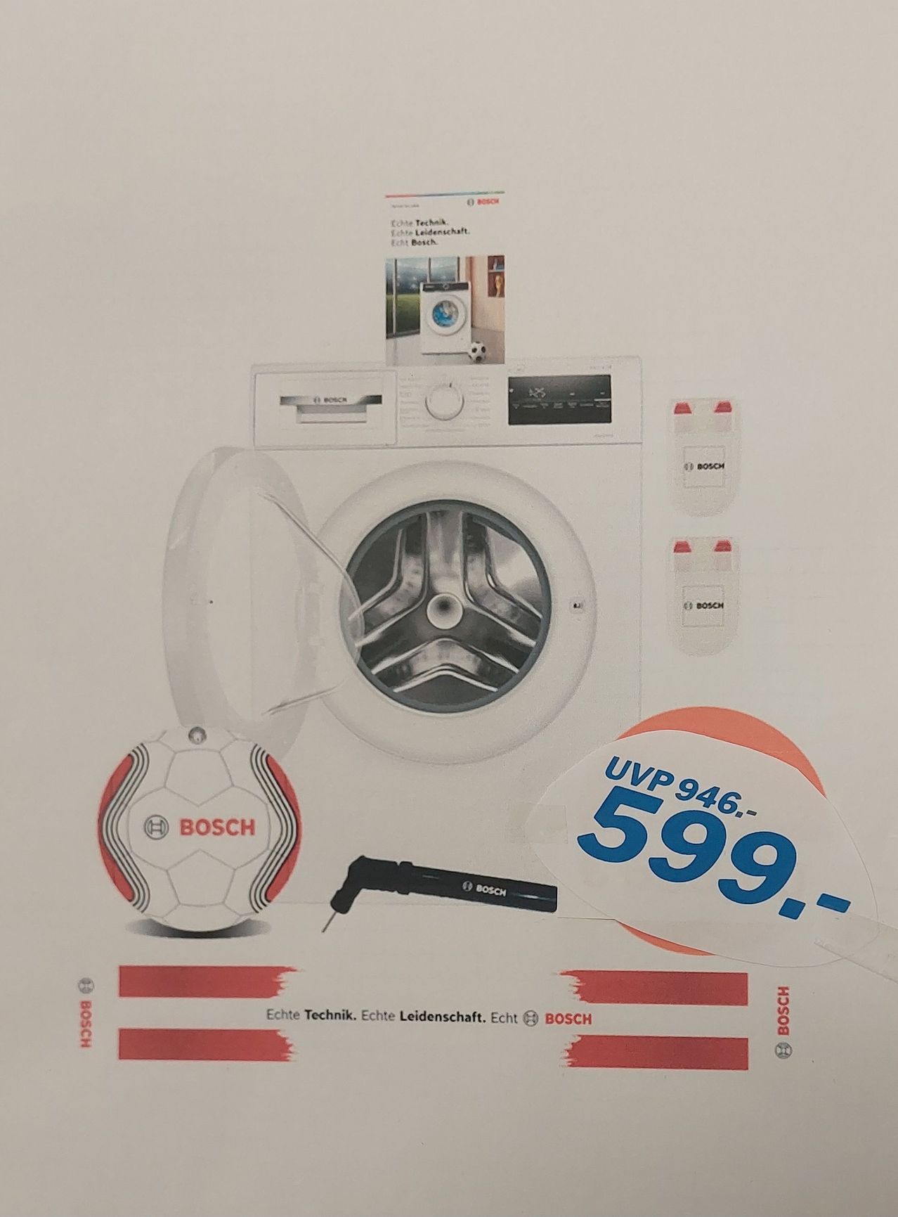 A white Bosch washing machine with a soccer ball and a spray gun are shown in the advertisement. The price is 599.99.
