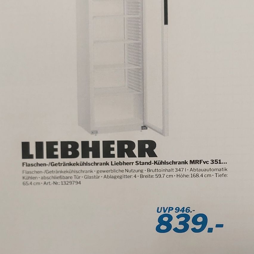 Liebherr bottle/beverage refrigerator. Standing refrigerator MRFvc 351. Bottle/beverage refrigerator commercial use. Capacity 347 l. Automatic defrost. Lockable, sliding door. Glass. Drain outlet. 4 shelves. Width: 59.7 cm. Height: 168.4 cm. Depth: 65.4 cm. Art. Nr.: 1329794. Price: 946.839.
