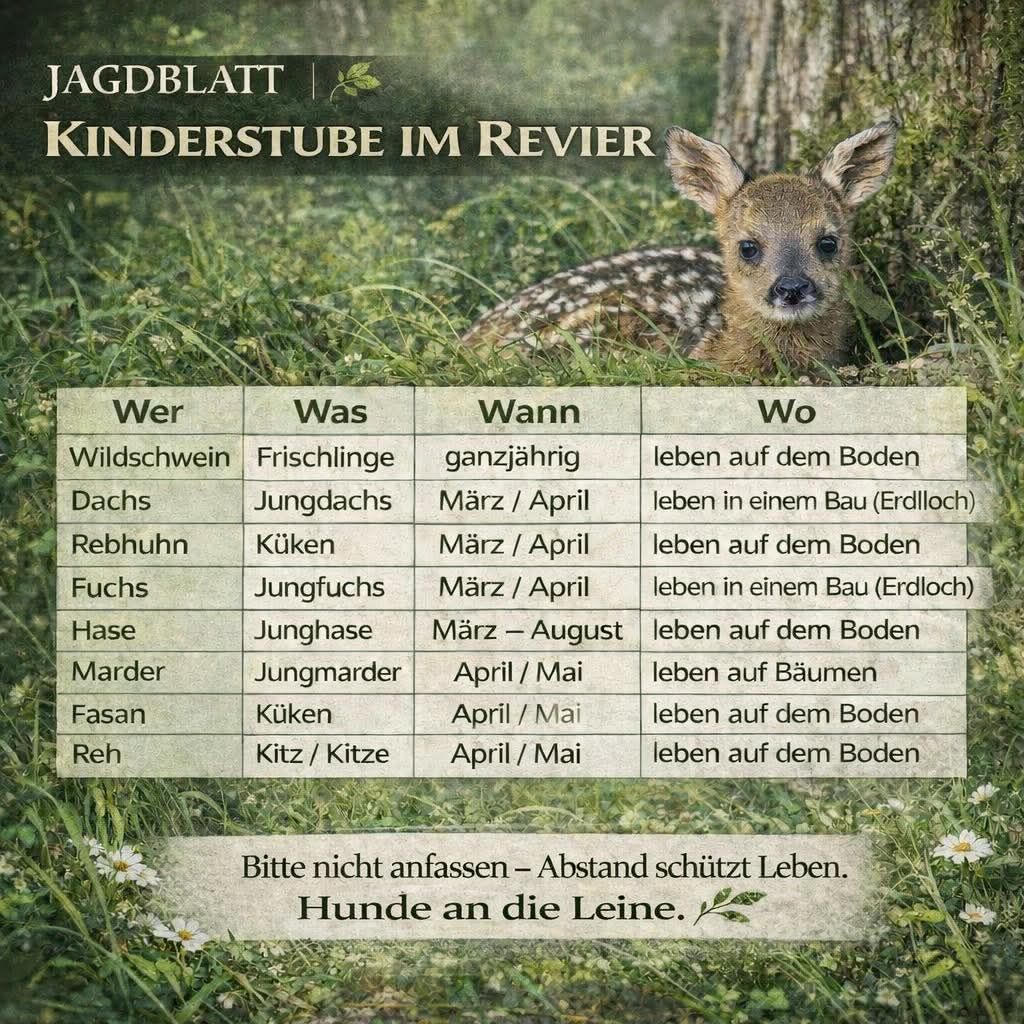 A poster with a deer in a forest, labeled 'Jagdblatt Kinderstube im Revier.' It shows a table of animals, their young, and living conditions. The deer is lying on the grass, and there is a warning message at the bottom.