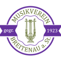 Das Logo des Musikvereins Brettenau a. St., gegründet 1923, zeigt eine goldene Leier. Der Text ist in klassischer Schrift, mit lila und schwarzen Akzenten.