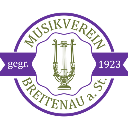 Das Logo des Musikvereins Brettenau a. St., gegründet 1923, zeigt eine goldene Leier. Der Text ist in klassischer Schrift, mit lila und schwarzen Akzenten.