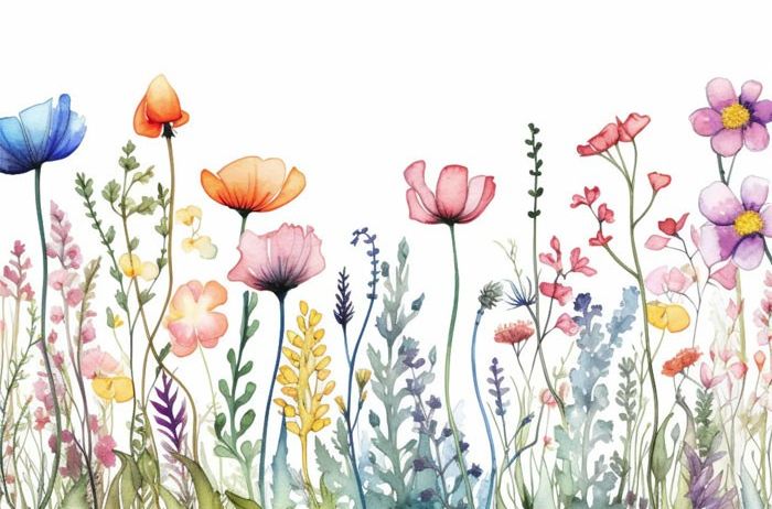 Ein lebendiges Aquarellbild zeigt ein Feld mit Wildblumen in verschiedenen Farben, darunter rosa, orange, blau und gelb, mit grünen Blättern und Stängeln.