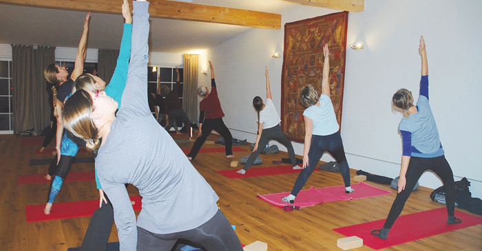 Eine Gruppe von Menschen praktiziert Yoga in einem Studio mit Holzböden und weißen Wänden. Sie tragen alle Yoga-Kleidung und verwenden rote Yoga-Matten. Einige befinden sich in Posen, während andere zwischen den Posen wechseln.