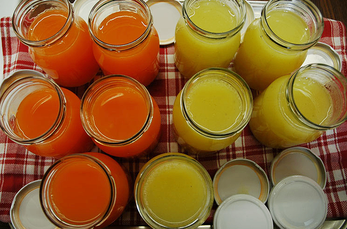 Mehrere Gläser mit orangefarbener und gelber Flüssigkeit sind auf einem rot-weiß karierten Tuch angeordnet.