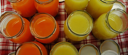 Mehrere Gläser mit orangefarbener und gelber Flüssigkeit sind auf einem rot-weiß karierten Tuch angeordnet.