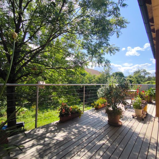 Eine Holzterrasse mit Metallgeländer, geschmückt mit Topfpflanzen, unter einem Baum an einem sonnigen Tag.