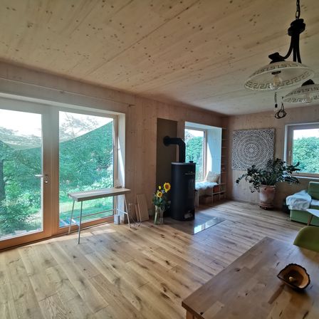 Bild enthält, Floor, Flooring, Interior Design, Wood, Hardwood, Furniture, Living Room, Couch, Plywood, Plant