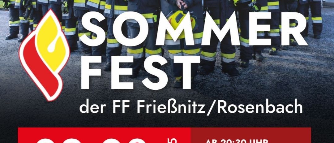 Plakat für das Sommer Fest-Event mit Feuerwehrleuten, datiert auf den 2. August 2025, mit einer Party in der legendären Bar ab 20:30 Uhr.