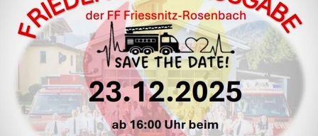 Plakat für Friedenslicht-Ausgabe-Veranstaltung von FF Friessnitz-Rosenbach am 23.12.2025 um 16:00 Uhr im Gemeindehaus in Schlatten. Zeigt Feuerwehrleute und Rettungsfahrzeuge.