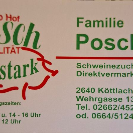 Ein Schild für Schweinezucht Direktvermarktung von Familie Poschit, gelegen in Wehrgasse 13, 2640 Kottlach. Kontaktnummern sind 02662/452 und 0664/5124. Öffnungszeiten sind von 12 Uhr bis 16 Uhr.