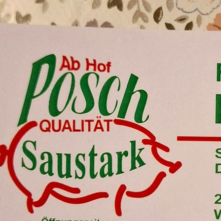 Visitenkarte für Familie Posch, ein Bauernhof in Kottlach, Österreich. Sie enthält Adresse, Telefonnummer und Öffnungszeiten.