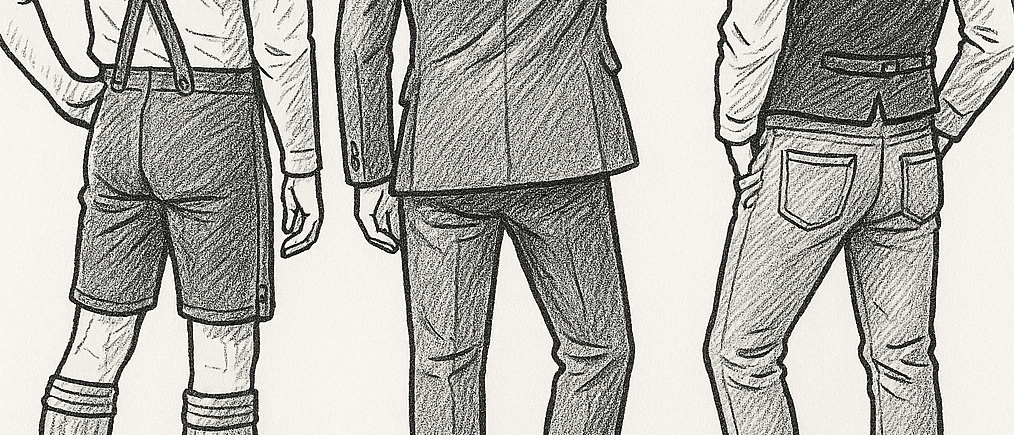 Drei Männer stehen nebeneinander in einer Skizze, jeder trägt verschiedene Kleidung. Der linke Mann hat Hosenträger und Shorts. Der mittlere Mann trägt eine Anzugjacke. Der rechte Mann hat einen Weste über einem Langarmhemd.