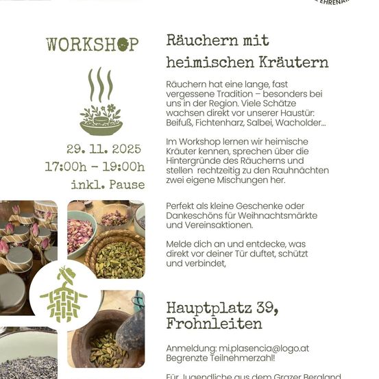 Ein Workshop zum Räuchern mit heimischen Kräutern findet am 29. November 2025 von 17:00 bis 19:00 Uhr statt. Lernen Sie einheimische Kräuter kennen, erfahren Sie mehr über die Gründe des Räucherns und stellen Sie Ihre eigenen Mischungen her. Perfekt als Geschenk.
