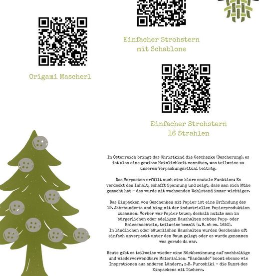 Ein Dokument, das einen Weihnachtsbaum mit Knöpfen und zwei QR-Codes zeigt, sowie Text über die Geschichte und soziale Funktion des Verpackens von Geschenken in Österreich.