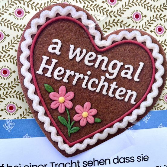 Ein herzförmiger Schokoladenkeks mit weißer Glasur und rosa Blumen. Es steht 'a wenigal Herrichten' auf der Vorderseite. Der Keks liegt auf einem Stück Papier.
