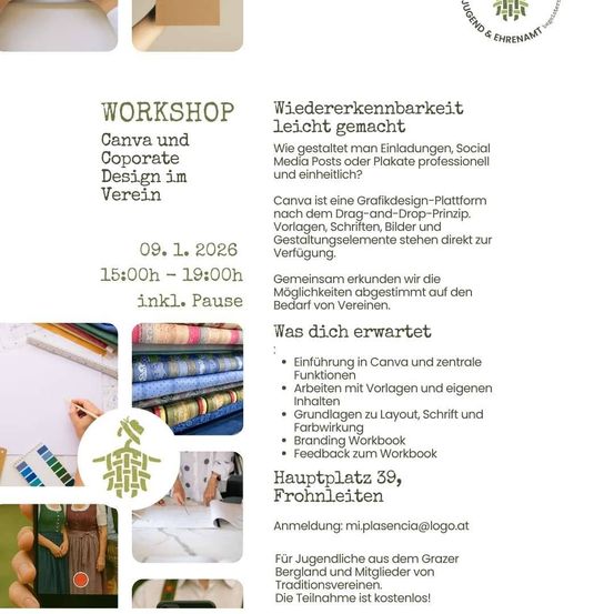 Workshop zum Gestalten von Canva und Corporate Design. Teilnehmer erkunden die Funktionen von Canva. Datum: 09.01.2026, 15:00-19:00. Lernen Sie Canva kennen, eine Drag-and-Drop-Designplattform. Registrieren Sie sich unter mi.plasencia@logo.at.