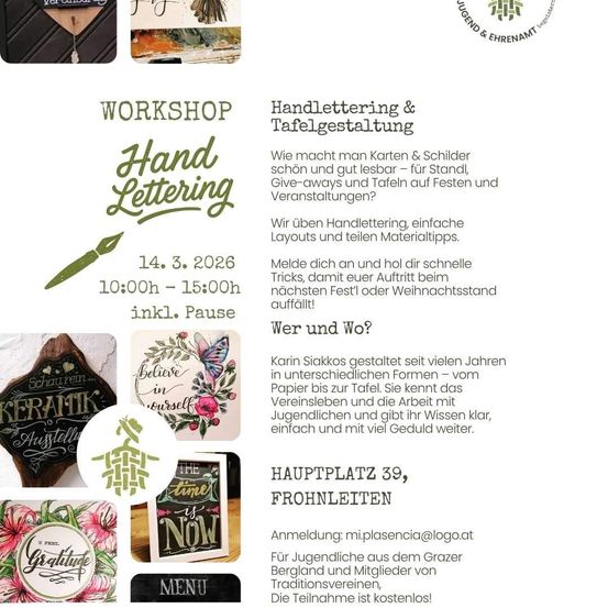 Workshop zur Handschrift und Tafelgestaltung. Lernen Sie Kartengestaltung, einfache Layouts und Materialtipps. Karin Siakkos kreiert seit Jahren Kunst - vom Papier bis zur Tafel. Geeignet für Jugendliche aus Graz und benachbarten Traditionsvereinen. Anmeldung unter mi.plasencia@logo.at. Teilnahme ist kostenlos.