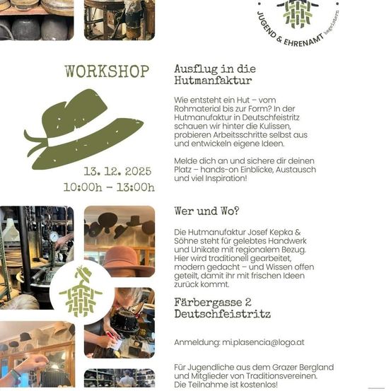 Ein Workshop zur Hutmacherei in Feistritz, Deutschland, ist für den 13. Dezember 2025 von 10:00 bis 13:00 Uhr geplant. Erfahren Sie mehr über die Herstellung von Hüten, erkunden Sie Materialien und entwerfen Sie Ihre eigenen Designs. Anmeldung und Austausch sind erwünscht.