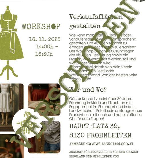 Plakat für einen Workshop am 16. November 2025 von 14:00 bis 16:30 Uhr. Es enthält Informationen zu Verkaufsständen, Verkaufsflächen und visueller Präsentation. Der Veranstaltungsort ist Hauptplatz 39, 8130 Frohnleiten. Anmeldung: mi.plasencia@logo.at.