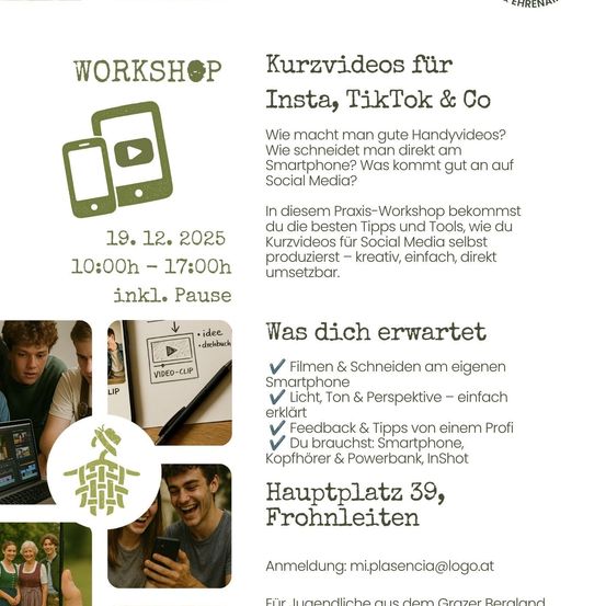 Ein Workshop-Poster bewirbt eine praktische Sitzung zum Erstellen von Kurzvideos für Social-Media-Plattformen wie Instagram und TikTok. Es verspricht praktische Tipps, Werkzeuge und professionelles Feedback. Die Veranstaltung ist für den 19. Dezember 2025 von 10:00 Uhr bis 17:00 Uhr geplant, einschließlich einer Pause.