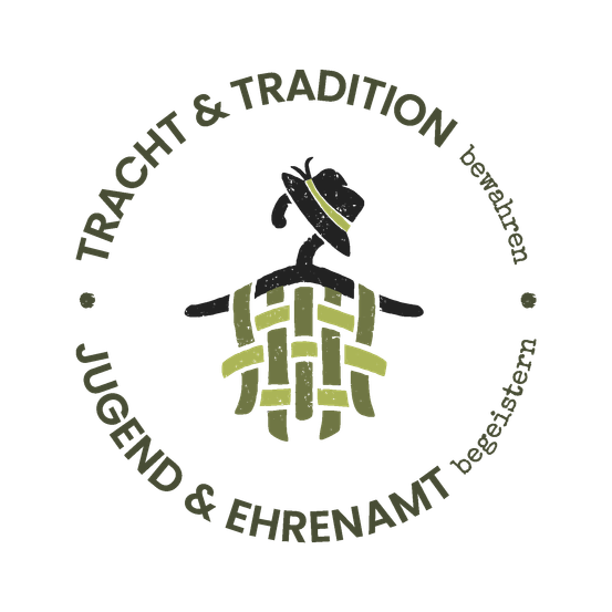 Ein rundes Emblem mit einer Person in traditioneller Kleidung, mit den Texten 'TRACHT & TRADITION', 'JUGEND & EHRENAMT' und 'bewahren'.