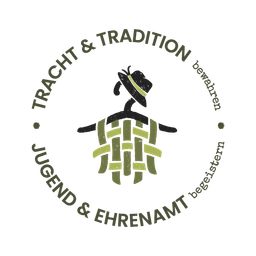 Ein rundes Emblem mit einer Person in traditioneller Kleidung, mit den Texten 'TRACHT & TRADITION', 'JUGEND & EHRENAMT' und 'bewahren'.