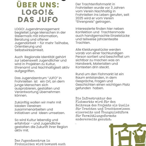 Das Bild präsentiert Informationen über ein Jugendzentrum in Frohnleiten, Österreich. Es hebt die Rolle des Zentrums in Jugendmanagement und nachhaltiger Entwicklung hervor, bietet Aktivitäten für Selbstfindung und regionale Identität. Das Zentrum wird mit lokalen Vereinen zusammenarbeiten, um Initiativen und Ideen umzusetzen.