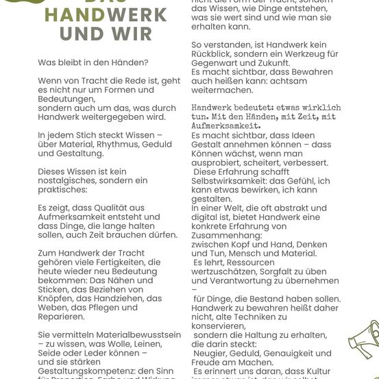 Der Text diskutiert Handwerk und seine Bedeutung. Es betont, dass Handwerk nicht nur um Formen und Bedeutungen geht, sondern auch um das, was es weitergibt. Es legt nahe, dass Handwerk ein Werkzeug für Gegenwart und Zukunft ist. Ideen können geformt, experimentiert, verfeinert werden - das schafft Selbsterkenntnis.