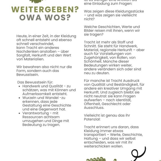 In einer schnelllebigen Welt verschwindet Kleidung schnell, kann aber Gedanken über Sorgfalt, Handwerk, Erbe und Materialwert anregen. Wir bewahren nicht nur die Form, sondern auch das Bewusstsein. Das Bewusstsein für Handwerk und Qualität entsteht durch Aufmerksamkeit und für Veränderung, um jede Geschichte und Gegenwart zu erkennen. Verantwortung mit Ressourcen führt zu bewusstem Konsum und bedeutungsvollen Dingen.
