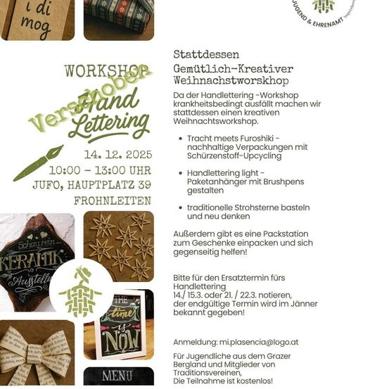 Workshop am 14. Dezember 2025, von 10:00 bis 13:00 Uhr am Hauptplatz 39. Nachhaltige Materialien und Pinselstifte. Packstation für Geschenkverpackungen. Anmeldung unter mi.plasencia@logo.at. Teilnahme kostenlos.
