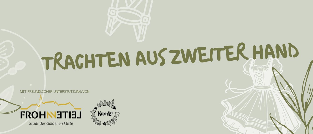Ein Poster zeigt einen Stuhl und ein traditionelles Kleid mit dem Text 'NÄHTEN AUS ZWEITER HAND' auf Deutsch. Darunter befindet sich ein Logo für 'KreisLa'.