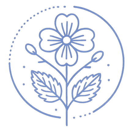 Eine einfache Linienzeichnung einer Blume mit Blütenblättern, Blättern und Knospen, eingeschlossen in einem gepunkteten Kreis.