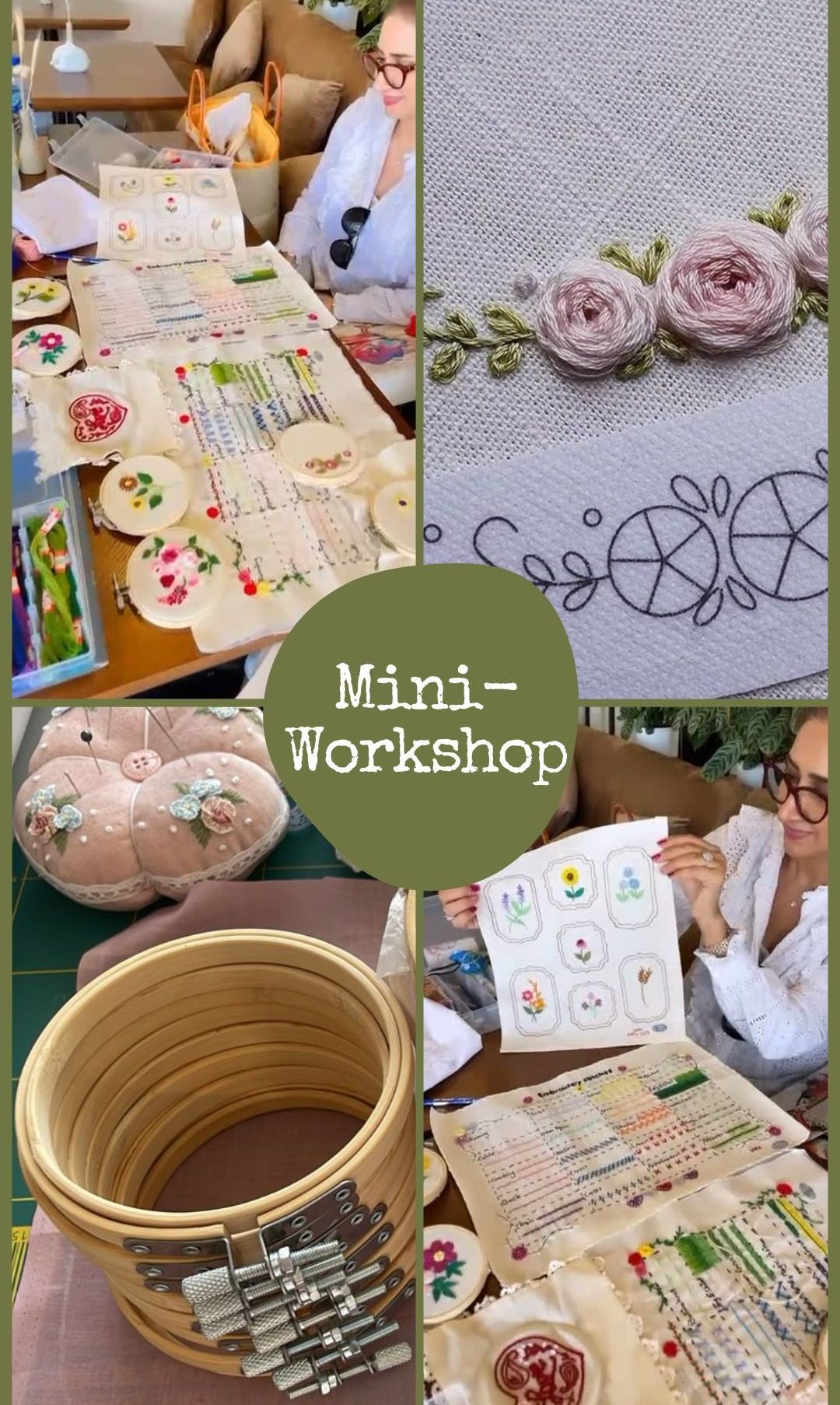A collage of a mini-workshop on embroidery with various finished products, patterns, and a woman working on embroidery.