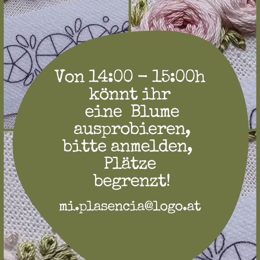 An invitation to try a flower, with limited spaces, from 2 PM to 3 PM. Email mi.plasencia@logo.at for registration.