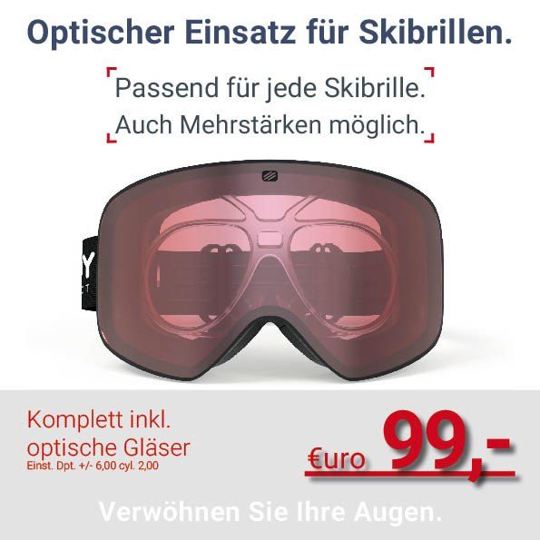 Optischer Einsatz für Skibrillen. Passend für jede Skibrille. Auch in stärkeren Farben erhältlich. Komplett inkl. optische Gläser. Preislich bei 99 Euro. Verwöhnen Sie Ihre Augen.