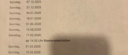 The document lists dates for warm kitchen availability at Eissportverein Feisritzwald. Dates range from November 2025 to April 2026, with an additional date on February 17, 2026 for mask ice skating.