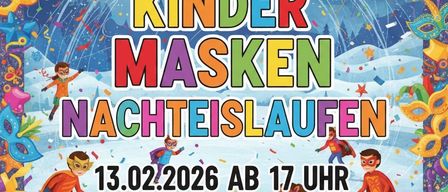 Poster for a children's ice skating event with masks, balloons, and confetti. The date is February 13, 2026, starting at 5 PM.
