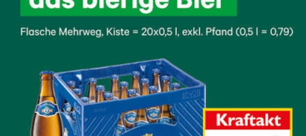 Ein Poster bewirbt Puntigam Märzen Bier. Es zeigt einen blauen Kasten mit 20 Flaschen. Der Aushang enthält auch Preis- und Aktionsinformationen.
