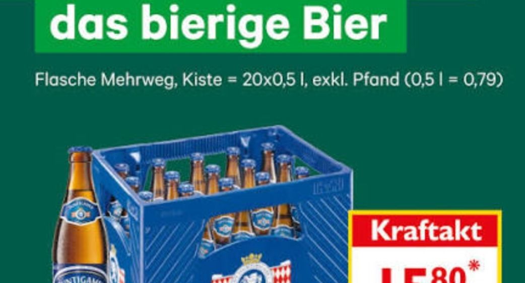Ein Poster bewirbt Puntigam Märzen Bier. Es zeigt einen blauen Kasten mit 20 Flaschen. Der Aushang enthält auch Preis- und Aktionsinformationen.