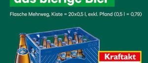 Ein Poster bewirbt Puntigam Märzen Bier. Es zeigt einen blauen Kasten mit 20 Flaschen. Der Aushang enthält auch Preis- und Aktionsinformationen.