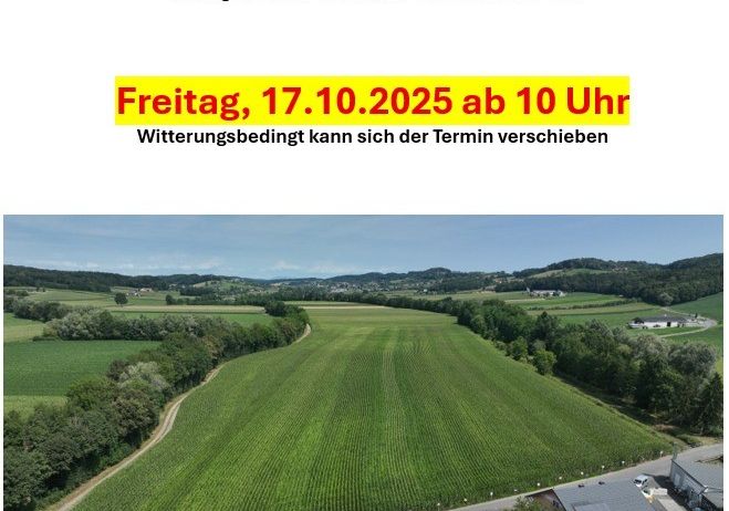 Ein Plakat bewirbt eine Mais-Versuchserntete am 17.10.2025 um 10 Uhr, veranstaltet von Familie Haberl nahe Lagerhaus Grabersdorf, mit sechs Saatgutfirmen, 20 Sorten und einer Saatgutanzahl von 370-460. Der Termin kann witterungsbedingt verschoben werden. Das Bild zeigt ein weitläufiges Maisfeld mit einem Haus und Solarmodulen.