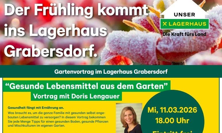 Postkarte mit einem Bild von Blumen und einer lächelnden Frau. Der Titel lautet 'Gesunde Lebensmittel aus dem Garten'. Doris Lengauer hält einen Vortrag über gesunden Boden und Pflanzen. Datum: 11.03.2026. Zeit: 18:00 Uhr. Eintritt frei.