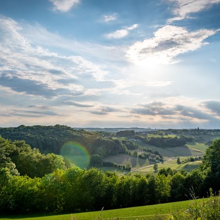 Ein Panoramablick auf eine ländliche Landschaft unter einem hellblauen Himmel. Die Sonne scheint durch die Wolken und wirft einen regenbogenartigen Schimmer. Sich erstreckende Hügel, saftige grüne Felder und verstreute Bäume bilden die friedliche Szenerie.