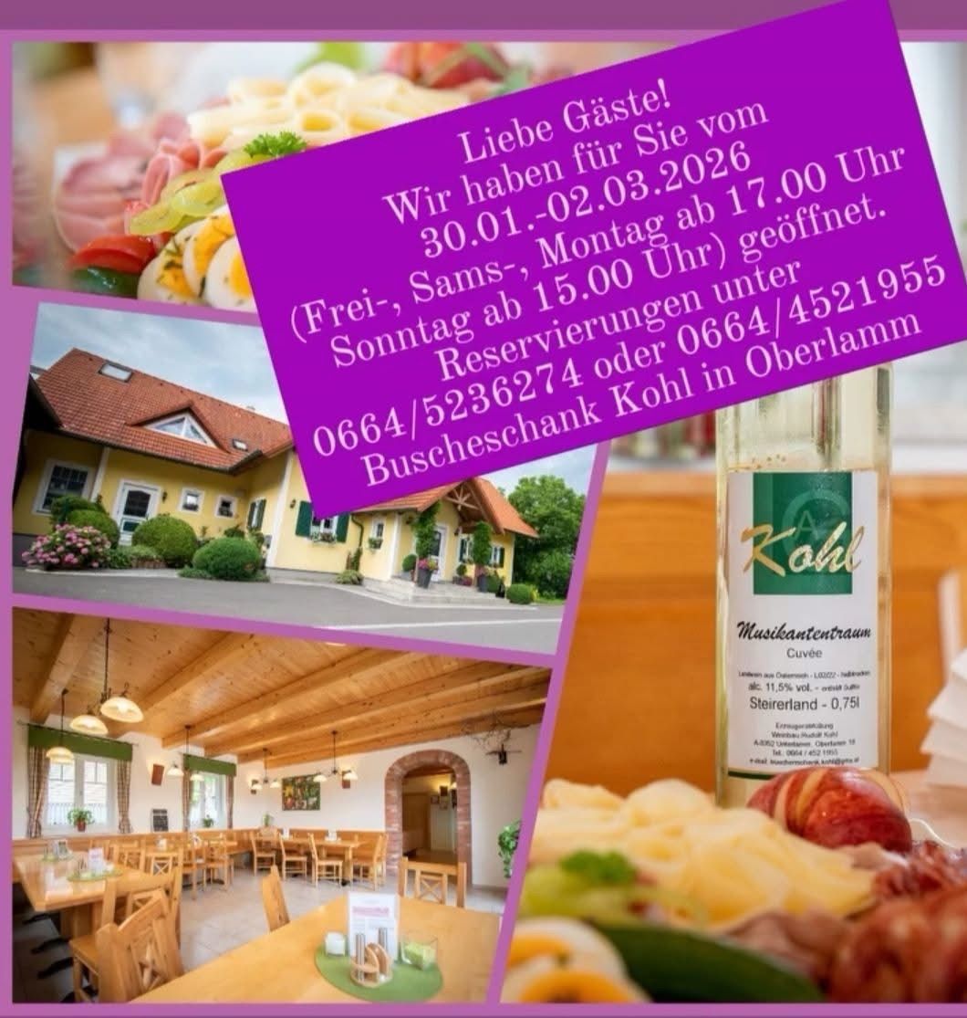 Ein Poster eines Restaurants zeigt ein Haus, einen Speisesaal und eine Weinflasche. Der Plakathintergrund ist lila und enthält eine Reservierungstelefonnummer und Weindetails.